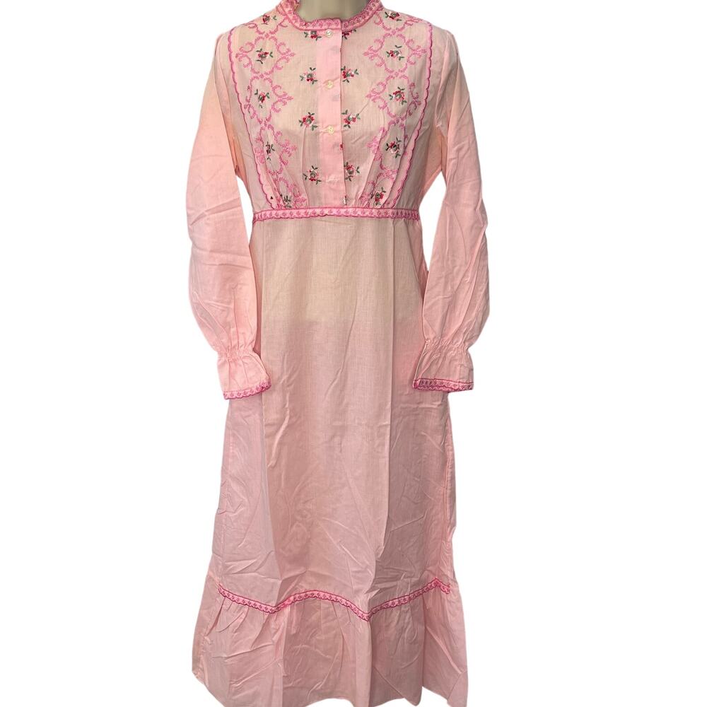 Vintage Sutex Nightgown House Dress 70s Style Pink Size S Maxi Embroidered